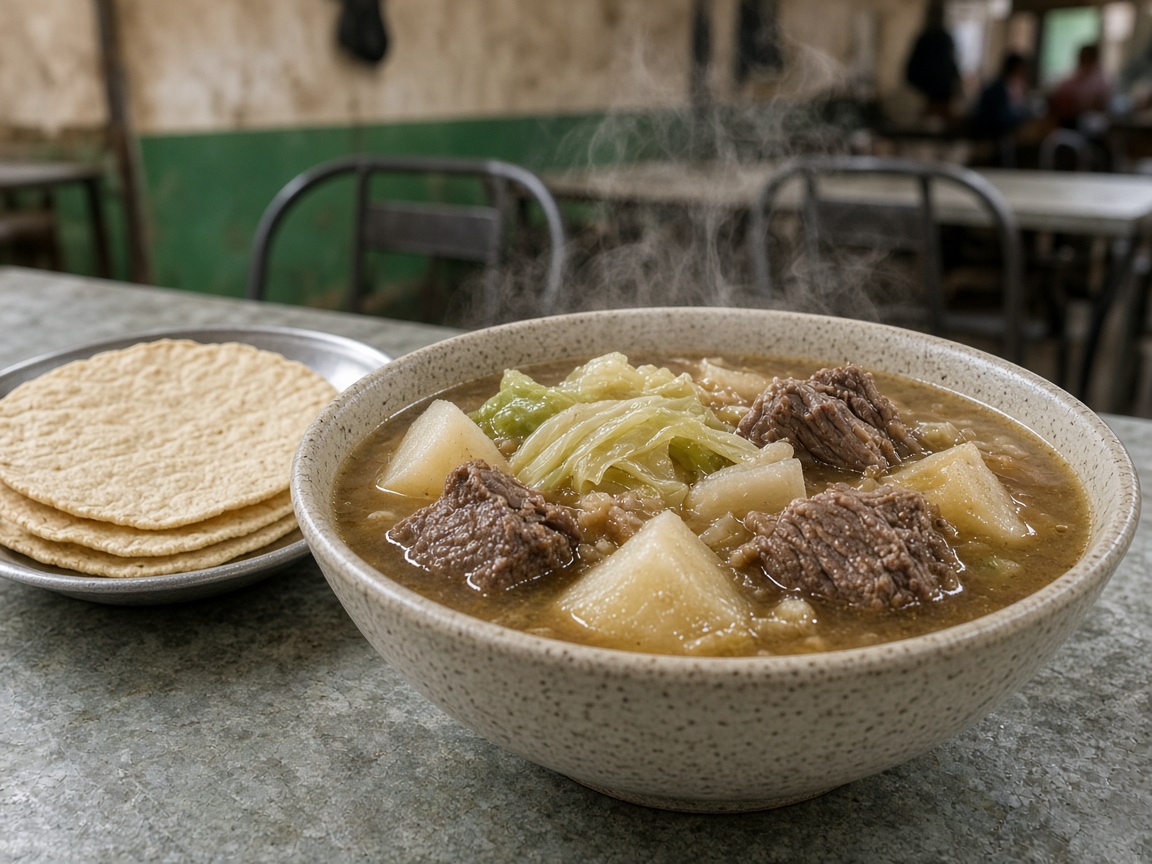 Caldo de res y tortillas en Comedor El Patio