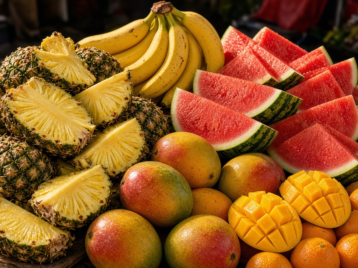 Piña, banano y sandía en el puesto de Don Chepe